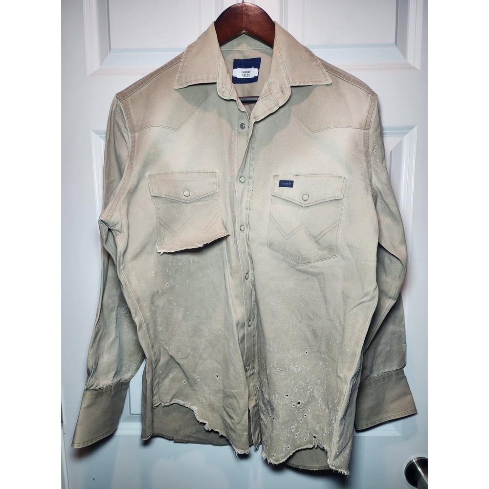 Custom Wrangler Western Shirt Tan Distressed Pearl Snap Mens